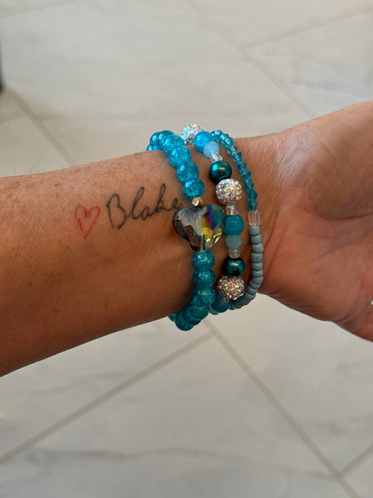 3 Piece Blue Bracelet Set with Heart